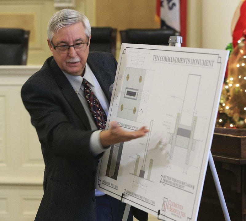 Architect Gary Clements on Tuesday explains the extra protections that will be put in place for the new Ten Commandments monument when it is installed on the grounds of the state Capitol. Clements addressed a subcommittee of the Capitol Arts and Grounds Commission. 