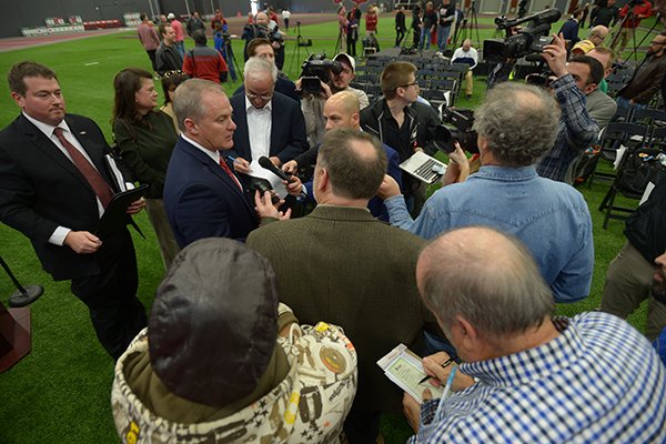 Hunter Yurachek speaks Wednesday, Dec. 6, 2017, to members of the media after being introduced as the new director of athletics at the University of Arkansas during a news conference in the Fowler Family Baseball and Track Indoor Training Center in Fayetteville.
