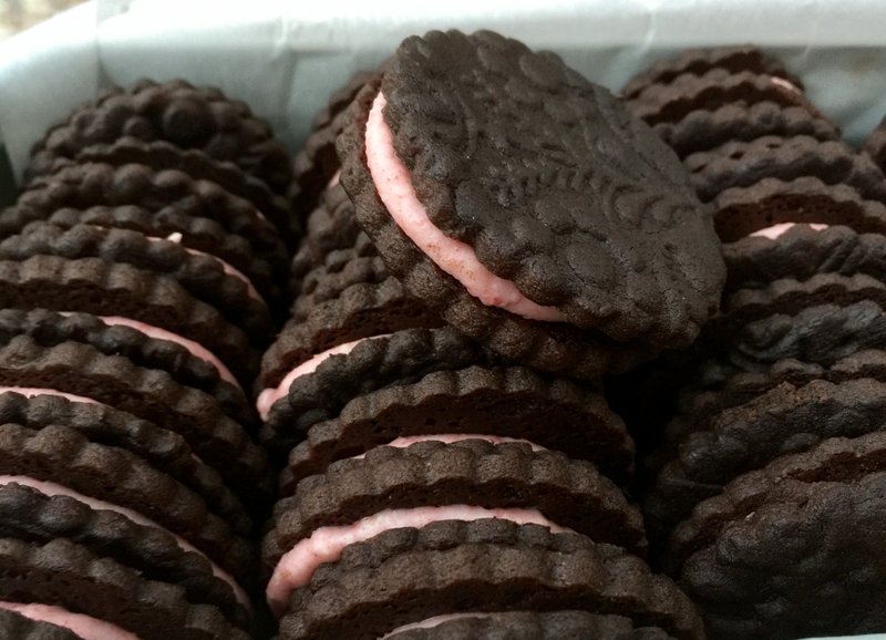 Homemade Oreo cookies with strawberry filling