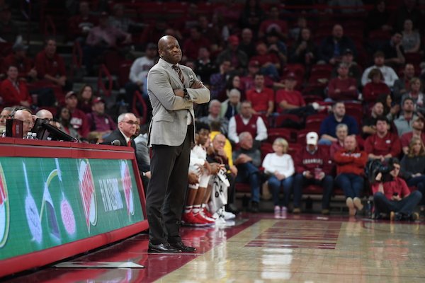 Arkansas coach Mike Anderson stands on the sideline during the Razorbacks' 92-66 win over Colorado State Tuesday Dec. 5, 2017 at Bud Walton Arena in Fayetteville.