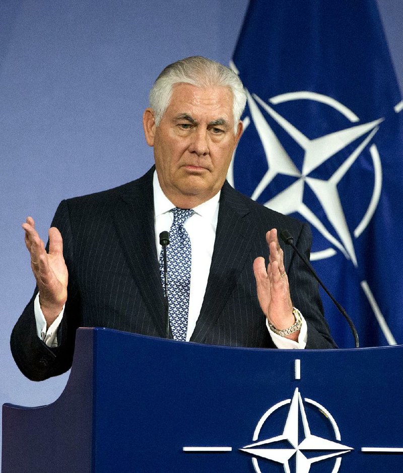 U.S. Secretary of State Rex Tillerson speaks during a media conference at NATO headquarters in Brussels on Wednesday, Dec. 6, 2017. 