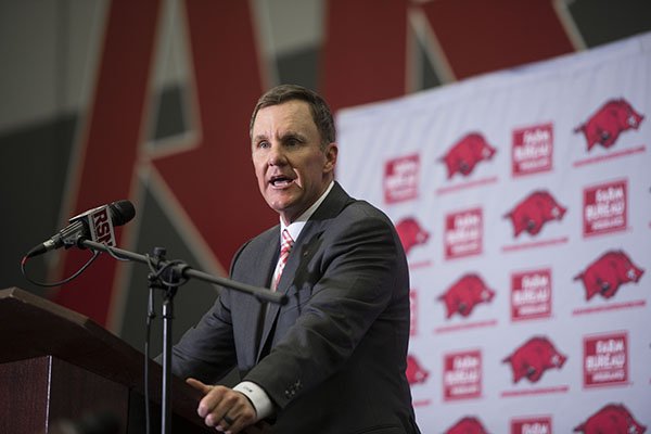 Arkansas coach Chad Morris speaks during a news conference Thursday, Dec. 7, 2017, in Fayetteville. 