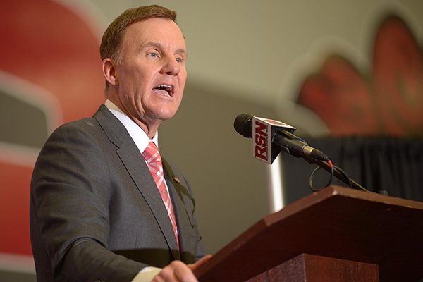 Arkansas coach Chad Morris speaks during a news conference Thursday, Dec. 7, 2017, in Fayetteville. 