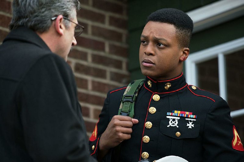 Bereaved father Doc Shepherd (Steve Carell) talks to young Marine Charlie Washinton (J. Quinton Johnson) in Richard Linklater’s meditation on the cost of war, Last Flag Flying.
