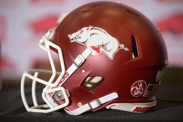 An Arkansas Razorback helmet at Chad Morris introductory press conference Thursday, Dec. 7, 2017.