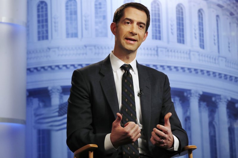 Rep. Tom Cotton, R-Ark., answers questions during an interview at the Associated Press bureau in Washington, Thursday, Dec. 7, 2017. (AP Photo/Jacquelyn Martin)