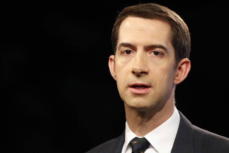 Rep. Tom Cotton, R-Ark., answers questions during an interview at the Associated Press bureau in Washington, Thursday, Dec. 7, 2017. (AP Photo/Jacquelyn Martin)