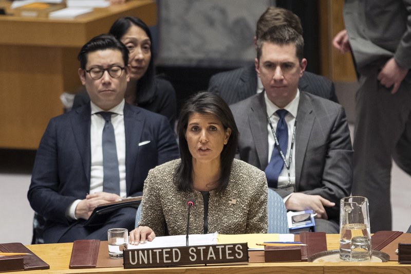 In this Nov. 29, 2017, file photo, Nikki Haley, U.S. ambassador to the United Nations, speaks during a Security Council meeting on the situation in North Korea, at United Nations headquarters. 