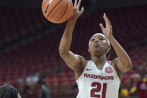 Arkansas' Devin Cosper attempts a shot during an exhibition game against Northeastern State on Thursday, Nov. 2, 2017, in Fayetteville. 
