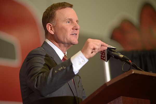 Newly hired University of Arkansas football coach Chad Morris speaks Thursday, Dec. 7, 2017, during a press conference at the Fowler Family Baseball and Track Indoor Training Center in Fayetteville.
