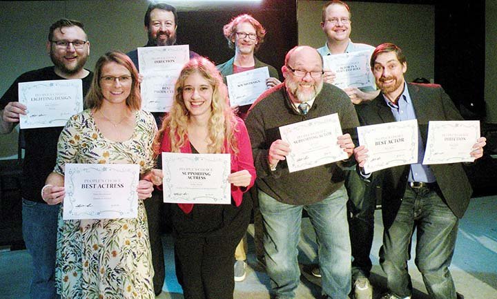 Among those honored at the Conway Community Arts Association’s 2017 awards ceremony are, front row, from left, Dana Kordsmeier, who was recognized as Best Actress; Kathy Busch, Best Supporting Actress; Jeff Ward, Best Supporting Actor; and Shua Miller, Best Actor and Best Director. In the back row are Josh Anderson, who was recognized for Best Lighting Design; Charles Bane, Best Director; Paul Bowling, Best Sound Design; and Shane Atkinson, Best Actor in a Featured Role.