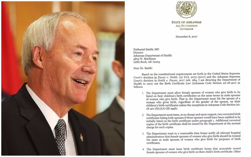 Gov. Asa Hutchinson is shown in this file photo. At right is the directive he issued ordering the Arkansas Department of Health to resume issuing birth certificates.