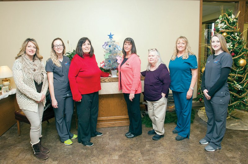 The White River Area Agency on Aging is sponsoring a Silver Angel Tree program this year in Jackson County. The trees are on display at iCare Pharmacy and Merchants and Planters Bank in Newport. Pictured with the tree at Merchants and Planters Bank are, from left, Tracy Baxter, White River Area Agency on Aging; Mandy Rowland, iCare Pharmacy; Arlene Henry, WRAAA; Martha Edwards, Merchants and Planters Bank; Mary Ritcheson, WRAAA, Tammi Grady, WRAAA; and Sarah Chambliss, iCare.