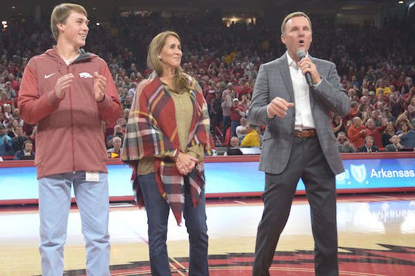 New Arkansas football coach Chad Morris address the crowd during the Minnesota basketball game Saturday, Dec. 9, 2017, during the first half in Bud Walton Arena. 