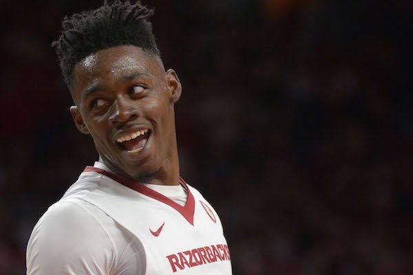 Arkansas forward Adrio Bailey laughs after being called for a foul against Minnesota Saturday, Dec. 9, 2017, during the second half in Bud Walton Arena.