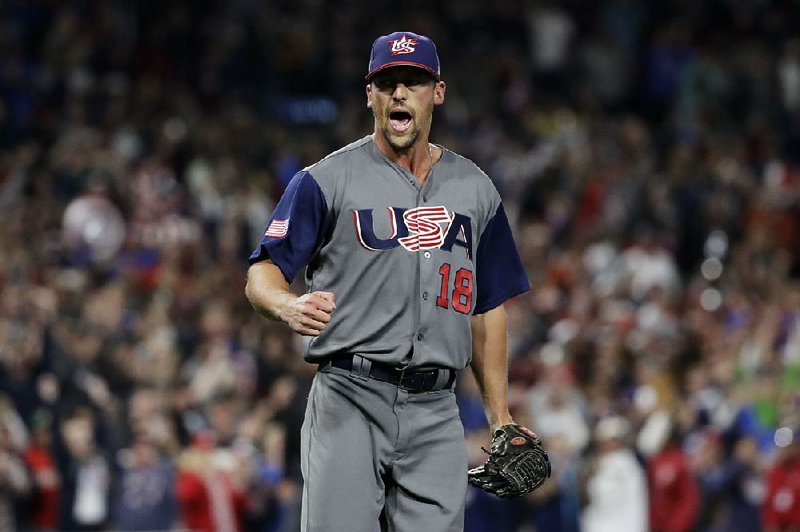United States pitcher Luke Gregerson reacts after getting the last out of the team's 6-3 win over the Dominican Republic in a second-round World Baseball Classic baseball game Saturday, March 18, 2017, in San Diego. 