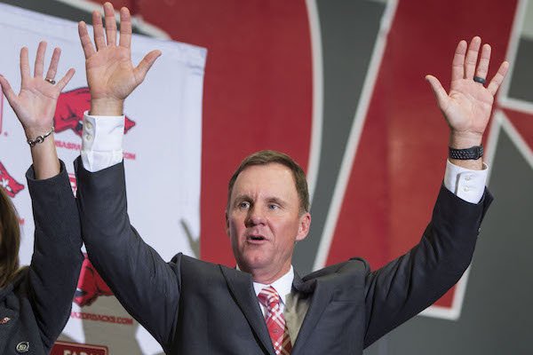 Chad Morris, newly hired Arkansas head football coach, calls the hogs Thursday, Dec. 7, 2017, during a press conference at the Fowler Family Baseball & Track Indoor Training Center in Fayetteville. 