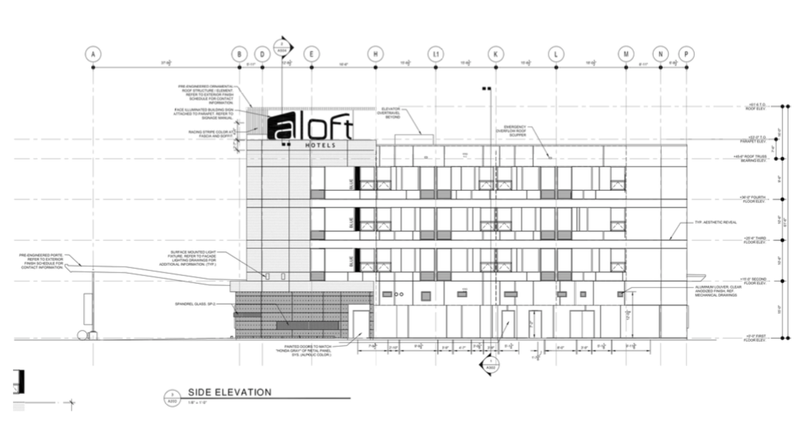 A side elevation sketch of the planned Aloft Hotel at 716 Rahling Road in west Little Rock.