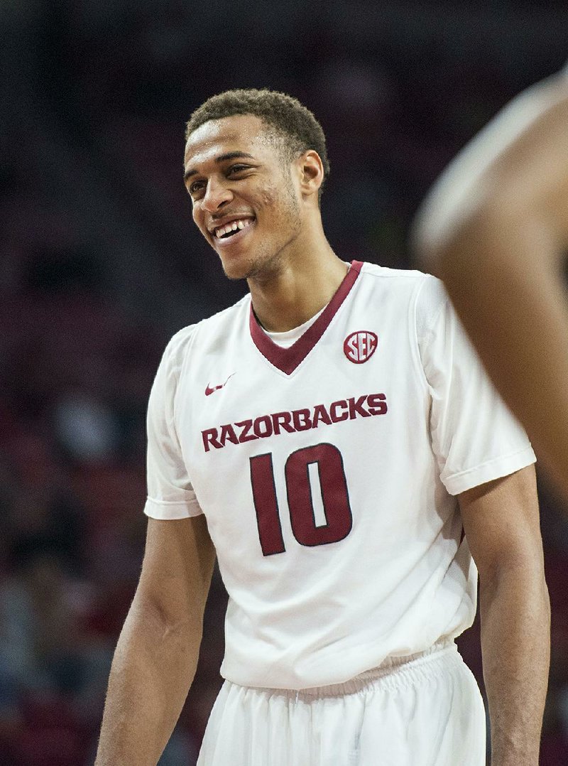 Daniel Gafford, Arkansas forward, smiles as he steps up to the free throw line in the second half against Fresno State Friday, Nov. 17, 2017, at Bud Walton Arena in Fayetteville. 