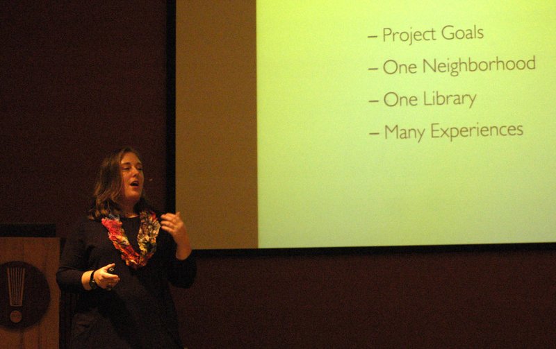 Susan Morgan, architect with Meyer, Scherer and Rockcastle, speaks Monday, Dec. 11, 2017, at the Fayetteville Public Library. Morgan's team is designing the 80,000-square-foot, $49 million expansion voters approved last year.
