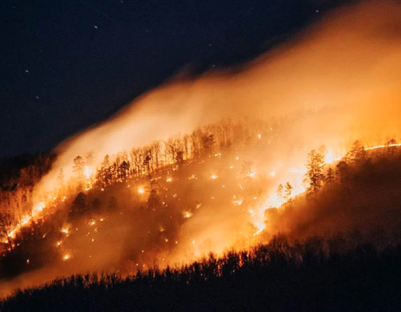 Wildfires break out along Arkansas 21 on the north side of Boxley Valley on a combination of private and national parklands. Crews from several agencies — Buffalo National River’s Fire Module, the Arkansas Forestry Commission and the Deer, Ponca, and Mount Sherman volunteer fi re departments — provided the initial response.