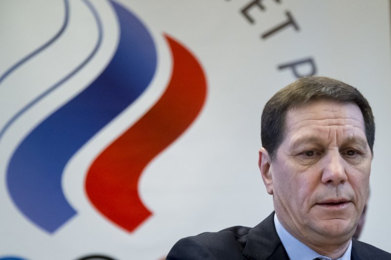 Russian Olympic Committee President Alexander Zhukov attends an Russian Olympic committee meeting in Moscow, Russia, Tuesday, Dec. 12, 2017. Russia's Olympic Committee said on Tuesday that Russian athletes are overwhelmingly in favor of competing at the 2018 Winter Games despite a ban on the national team. (AP Photo/Ivan Sekretarev)