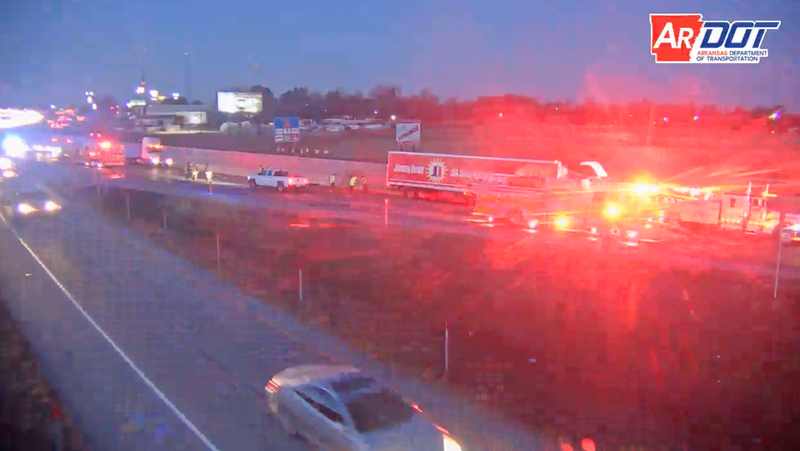 This screenshot from an Arkansas Department of Transportation camera shows emergency crews on scene of a wreck blocking Interstate 49's northbound lanes in Springdale on Wednesday.