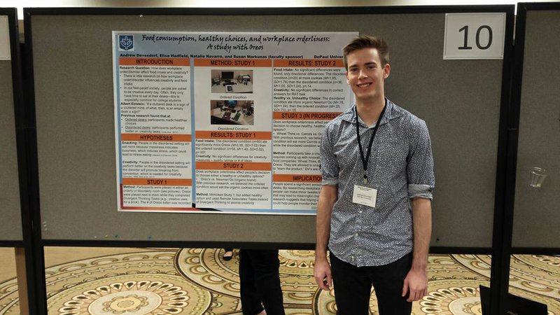 Photo courtesy of Andrew Devendorf First-year graduate student Andrew Devendorf presents his psychology research at a conference.