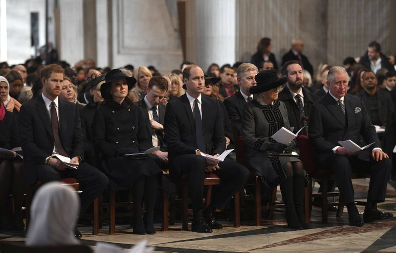 Front row left to right, Prince Harry, Kate, the Duchess of Cambridge, Prince William, Camilla, the Duchess of Cornwall and Prince Charles attend the Grenfell Tower National Memorial Service at St Paul's Cathedral, in London, to mark the six month anniversary of the Grenfell Tower fire, Thursday Dec. 14, 2017. 