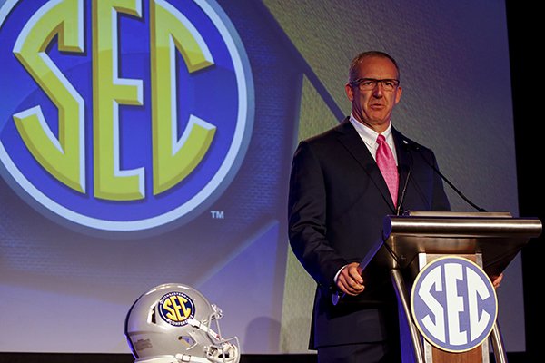 Conference Commissioner Greg Sankey speaks during the NCAA college football Southeastern Conference's annual media gathering, Monday, July 10, 2017, in Hoover, Ala. (AP Photo/Butch Dill)

