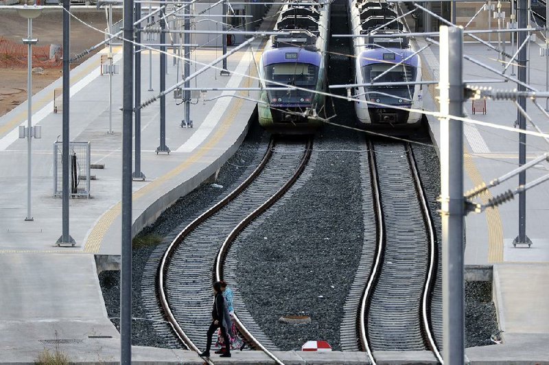 Trains are parked Thursday at a railway station in Athens, Greece, where workers held a 24-hour general strike.