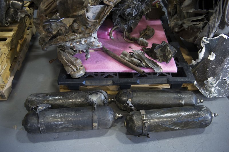 The remains of an Iranian rocket which was fired by Yemen into Saudi Arabia, according to U.S. Ambassador to the U.N. Nikki Haley during a press briefing at Joint Base Anacostia-Bolling Thursday, Dec. 14, 2017, in Washington. Haley says &quot;undeniable&quot; evidence proves Iran is violating international law by funneling missiles to Houthi rebels in Yemen. Nikki Haley unveiled recently declassified evidence including segments of missiles launched at Saudi Arabia from Houthi-controlled territory in Yemen. (AP Photo/Cliff Owen)