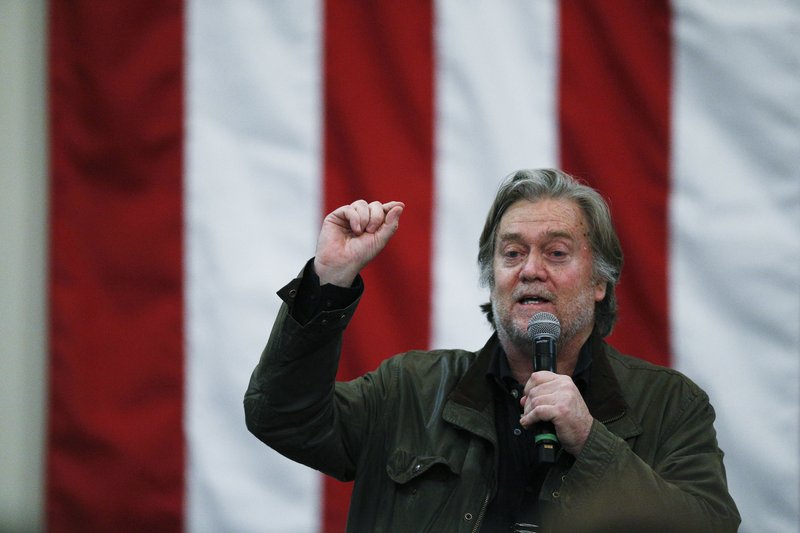 Former White House strategist Steve Bannon speaks in support of U.S. Senate candidate Roy Moore during a campaign rally, Monday, Dec. 11, 2017, in Midland City, Ala. 