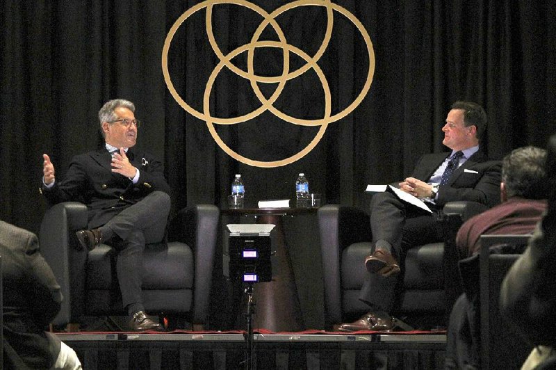 Eric Metaxas (left), author of Martin Luther: The Man Who Rediscovered God and Changed the World, and Steven Smith, senior pastor of Immanuel Baptist Church in Little Rock, discuss Martin Luther and Metaxas’ event series “Socrates in the City” during the inaugural “City Center Conversations: Conversations About God, Life and Faith in the City” event on Tuesday. 