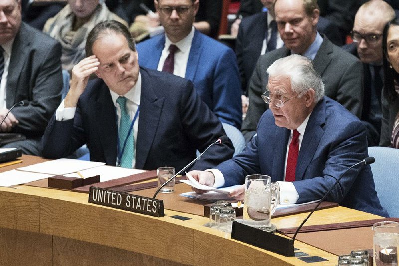 Sitting Friday beside Mark Field, British minister of state for Asia and the Pacific, U.S. Secretary of State Rex Tillerson (right) addresses the U.N. Security Council. On Tuesday, Tillerson said he was ready to talk with North Korea “without preconditions,” but by Friday he had changed his position. 