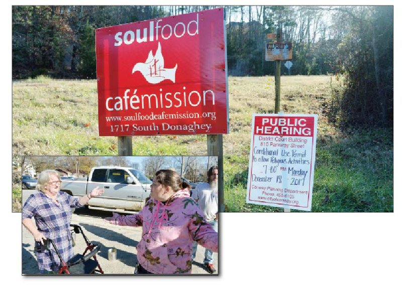 A sign giving notice of the Conway Planning Commission meeting at 7 p.m. Monday is displayed next to the entrance of Soul Food Cafe Mission’s new facility at 1717 S. Donaghey Ave. The mission is requesting a conditional-use permit to conduct religious activities, and the Planning Commission will make a recommendation to the City Council. Two of the mission’s clients, Virginia Cogdell, bottom left, and Evelyn Wilson talk about the objections they’ve heard to the ministry’s location.