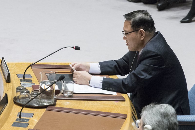 North Korean Ambassador to the United Nations Ja Song Nam speaks during a high level Security Council meeting on the situation in North Korea, Friday, Dec. 15, 2017 at United Nations headquarters. (AP Photo/Mary Altaffer)