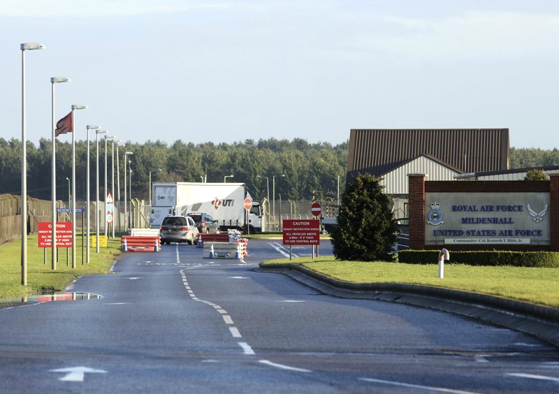FILE - This is a Jan. 8, 2015 file photo of U.S.Air Force Base, RAF Mildenhall in Suffolk Eastern England. British police said Monday dec. 18, 2017 that they are responding to a "significant" incident at a Royal Air Force base used by the U.S. Air Force. Police say it happened at RAF Mildenhall and has urged the public to stay away from the area for the time being. Police say that further details will be released shortly. (Chris Radburn/PA File, via AP)


