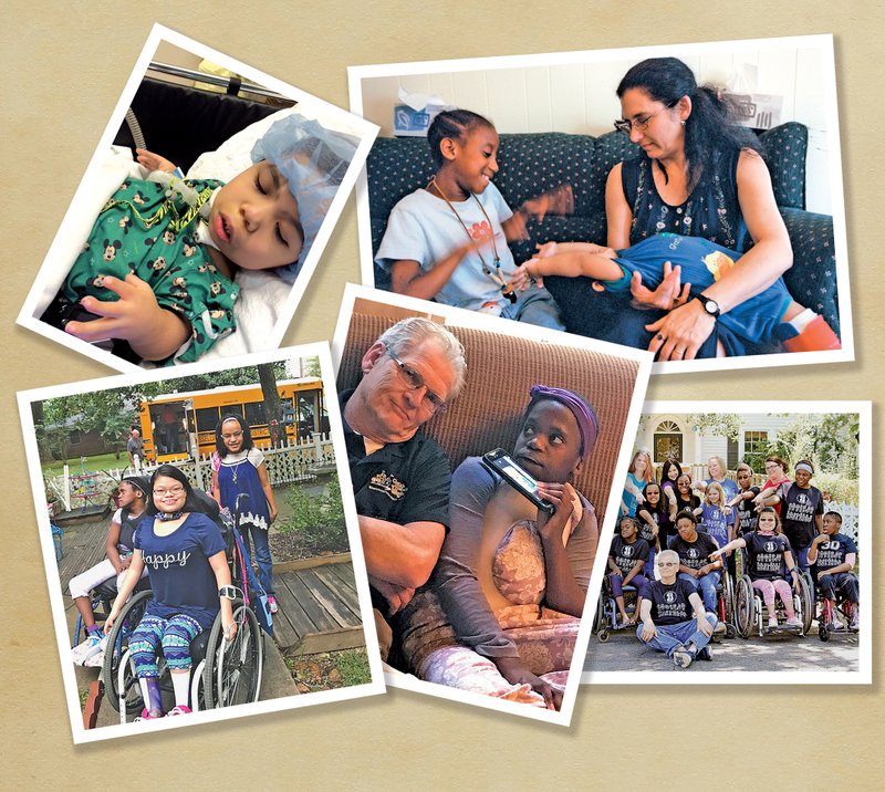 Top left: Zeke, whom the Johnsons adopted at 9 months old, travels to Delaware for medical treatments. He has dwarfism and is nonverbal. Top right: In this Democrat-Gazette file photo shot in 2001, Lori Johnson holds 22-month-old Samuel while Bethany plays with him. The Johnsons’ most recent adoption was finalized earlier this year. Bottom right: The Johnson girls take a family photo with Willie Johnson in the center. Lori and Willie have 17 children living at home now. Bottom middle: Willie Johnson sits with Diamond, who was adopted when she
was 1. Diamond is blind and deaf. Bottom left: Estie (seated), Diamond and Anna get ready to go back to school after summer break. They attend public school in Russellville.