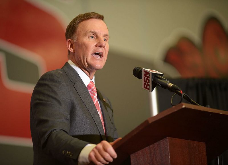 NWA Democrat-Gazette/ANDY SHUPE
Newly hired University of Arkansas football coach Chad Morris speaks Thursday, Dec. 7, 2017, during a press conference at the Fowler Family Baseball and Track Indoor Training Center in Fayetteville.