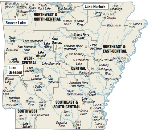 A map showing the location of Arkansas fishing spots.