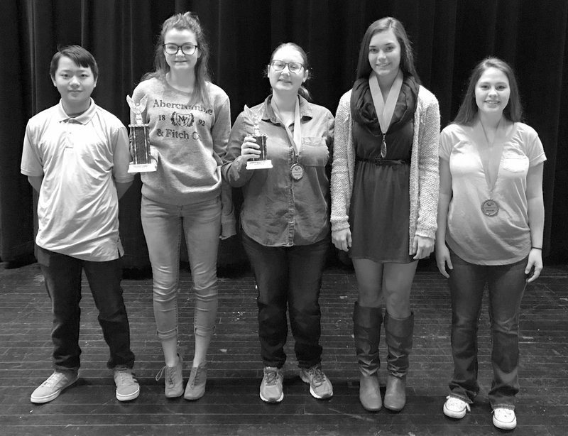 SUBMITTED Wayne Lee, Mystery Lee, Allie Smith, Danielle Spencer and Sadie Reece show the awards they won at the Dec. 8-9 forensics tournament at Rogers-Heritage High School. The Gentry High School forensics team is coached by Tiffanie Jones, theater and speech teacher at the high school.