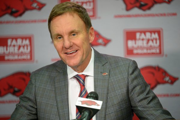 Arkansas coach Chad Morris speaks Wednesday, Dec. 20, 2017, during a press conference in the Fred Smith Football Center on the university campus in Fayetteville. Morris was introducing players who signed in the first ever early signing period for college football.