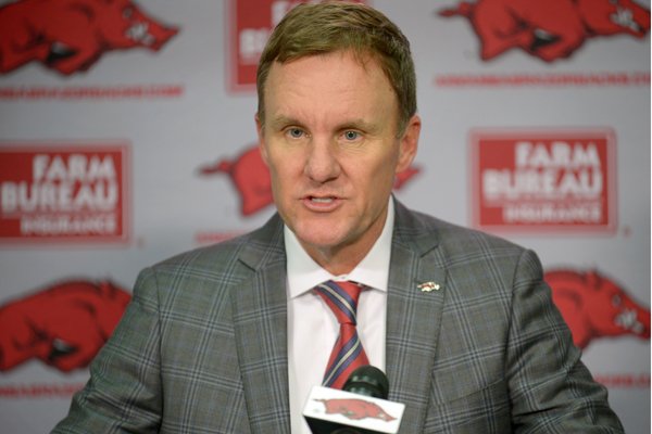 Arkansas coach Chad Morris speaks to reporters during a news conference Wednesday, Dec. 20, 2017, in Fayetteville. 