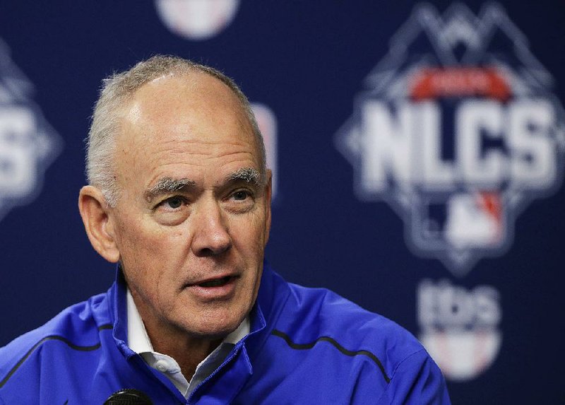 In this Oct. 16, 2015 file photo, New York Mets general manager Sandy Alderson answers questions for the media during a news conference in New York. 
