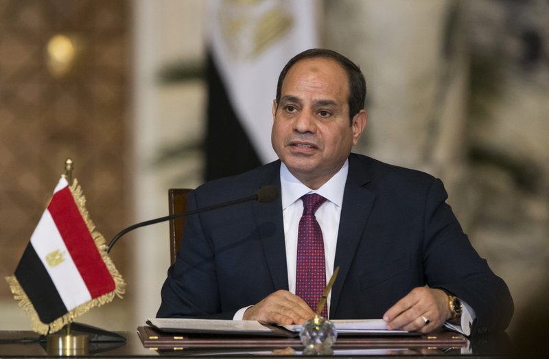 In this Dec. 11, 2017, file photo, Egyptian President Abdel-Fattah el-Sissi, speaks during a news conference in Cairo, Egypt. 