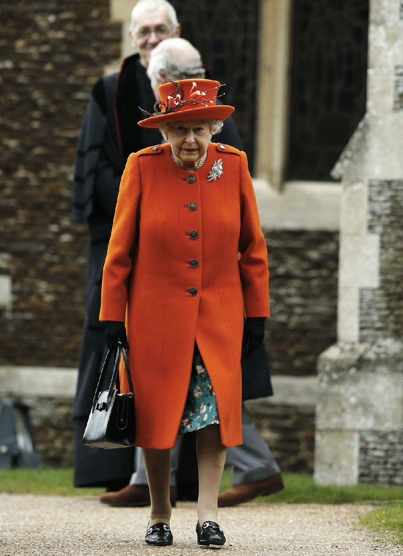 Britain's Queen Elizabeth II leaves after the traditional Christmas Day church service, at St. Mary Magdalene Church in Sandringham, England, Monday, Dec. 25, 2017. 