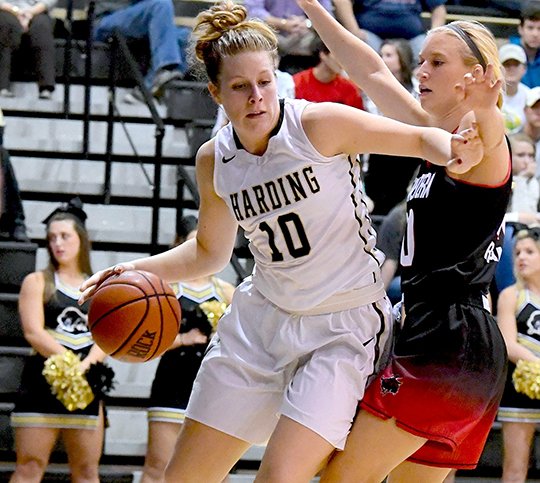 Submitted photo BISON PRIDE: Former Jessieville standout Kellie Lampo (10) is earning her place for the Harding Lady Bisons as a true freshman. Harding lost one senior from a team which reached the NCAA Division II Final Four a year ago and Lampo is already the team's second-leading scorer.