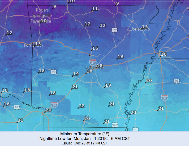 Low temperatures on Monday, Jan. 1, 2018, could be in the single digits in northern Arkansas, according to the National Weather Service in North Little Rock.