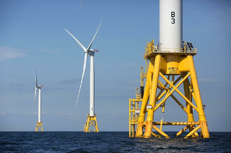 Turbines in the Deepwater Wind project stand in the Atlantic Ocean off Block Island, R.I. Commercial fishermen on the East Coast have complained that the proliferation of such projects will block access to their fishing grounds. 